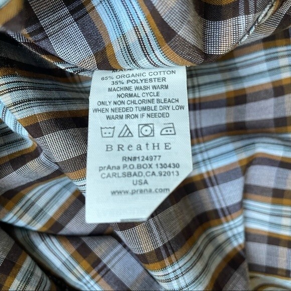 PrAna Mens Top Organic Cotton Brown Plaid Short Sleeve Snap Shirt Size Small - Picture 7 of 9